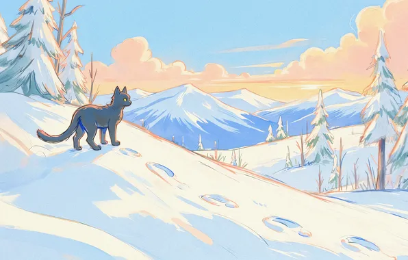 Winter, cat, the sky, cat, clouds, snow, mountains, traces
