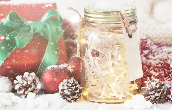 Winter, glass, balls, snow, green, box, gift, scarf