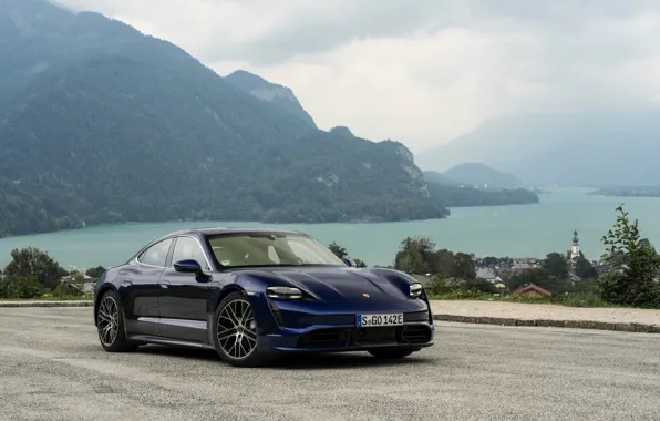 Mountains, Porsche, pond, Turbo, 2020, Taycan