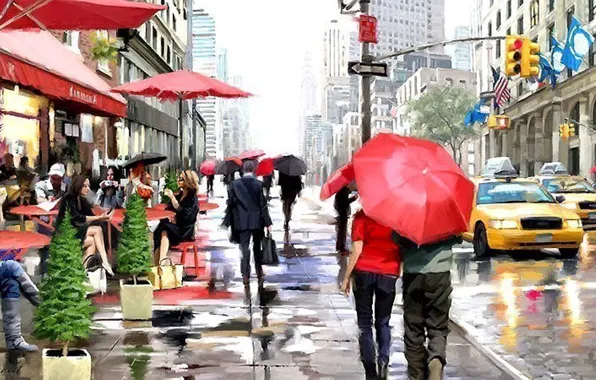 Rain, street, America, the sidewalk, painting with paints, cafes