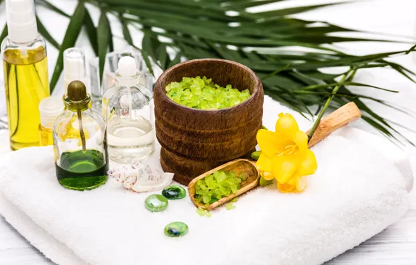 Leaves, flowers, Lily, oil, towel, yellow, shell, jars