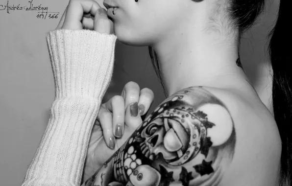 Sake, tattoo, black and white, arm, shoulders