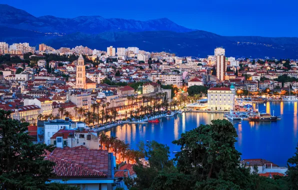 Sea, the city, lights, tower, home, the evening, panorama, Croatia