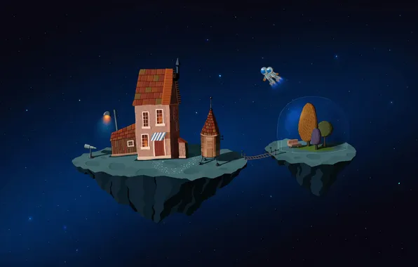 Islands, space, night, houses, VLADSTUDIO