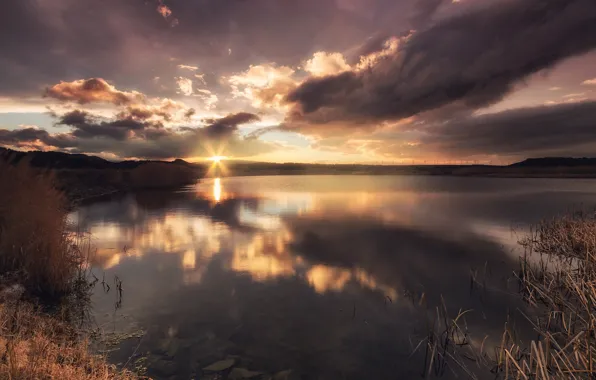 The sky, sunset, clouds, reflection, shore, pond