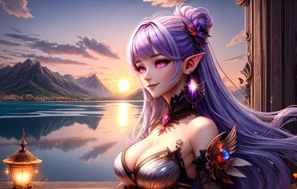 Picture cleavage, long hair, women, big boobs, smiling, purple hair, bare shoulders, elf girl