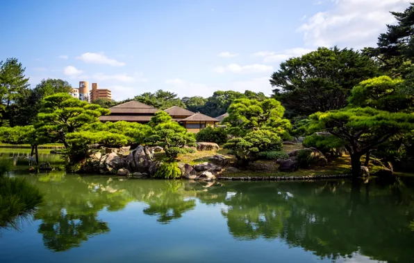 Trees, nature, pond, photo, Japan, garden, Takamatsu, Japan Ritsurin garden