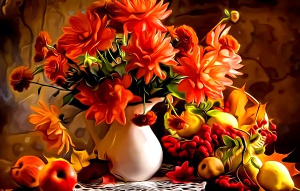 Picture leaves, flowers, rendering, paint, bouquet, pitcher, fruit, painting