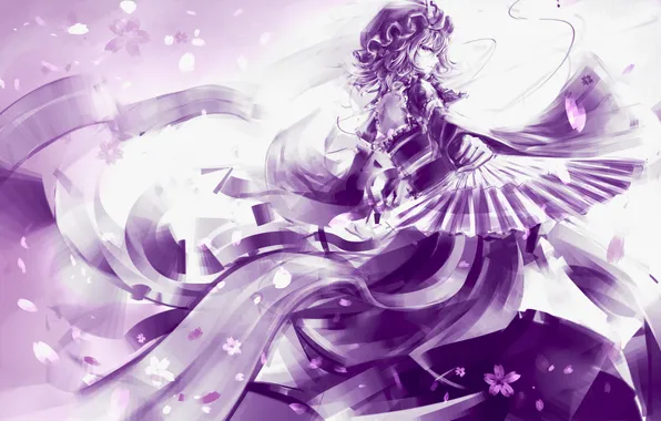 Girl, petals, dress, fan, art, cap