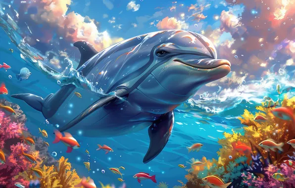 Water, clouds, fish, corals, dolphins, underwater world, digital art, AI art