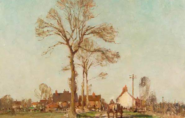 Road, trees, landscape, picture, Edward Seago, Village in Suffolk