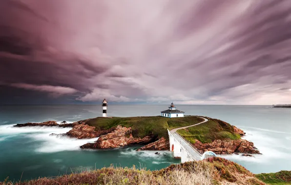 Picture the sky, clouds, rocks, lighthouse, Spain