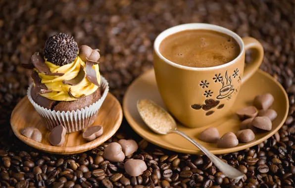 Picture coffee, chocolate, spoon, Cup, hearts, sugar, cake, cream