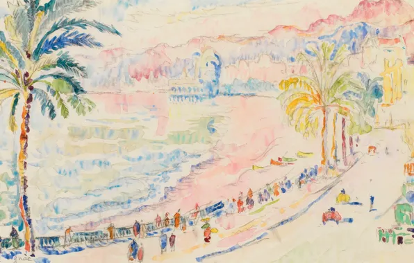 The city, Palma, figure, watercolor, Paul Signac, Nice. Walk along the Promenade des Anglais