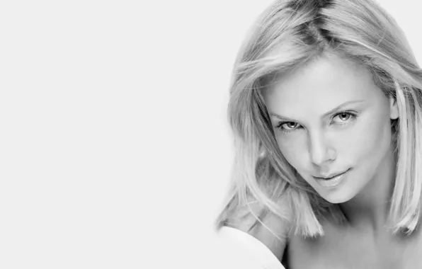 Picture look, girl, face, smile, background, Charlize Theron, hair, b/W