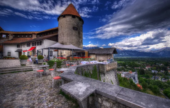 Clouds, trees, flowers, mountains, field, tower, chairs, HDR
