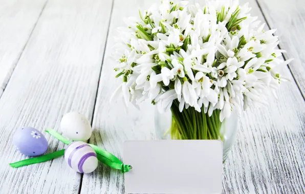 Flowers, eggs, spring, colorful, snowdrops, Easter, happy, wood