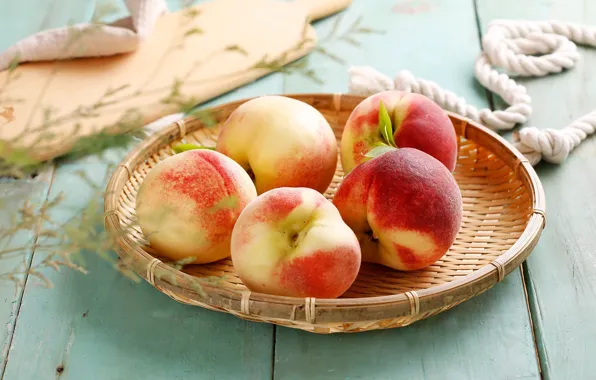 Fruit, basket, peaches, wood, leaves, cutting Board