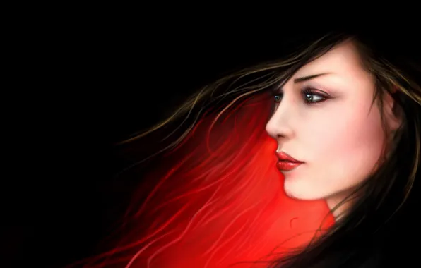 Picture girl, light, red, face, the dark background, figure, art, profile