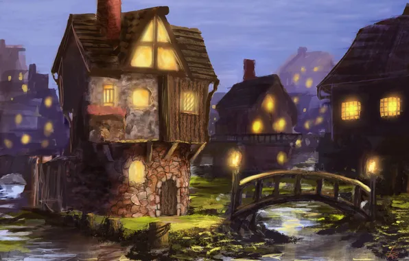 Night, bridge, lights, river, home, art, town