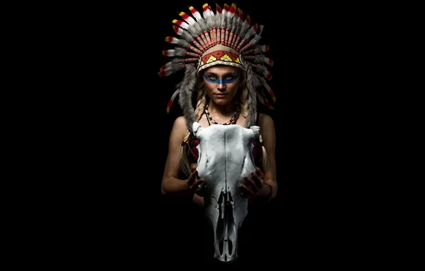 Picture look, girl, face, style, skull, feathers, paint, headdress