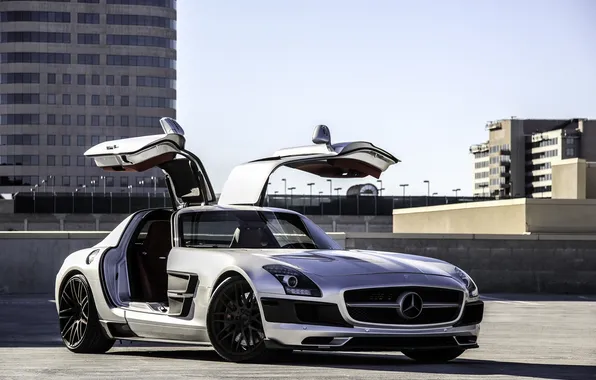 Picture roof, building, silver, Parking, SLS AMG, Mercedes Benz, Mercedes Benz, silvery