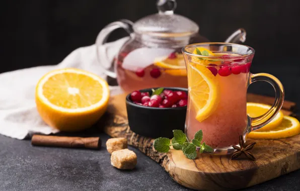 Berries, table, tea, towel, oranges, kettle, the tea party, Cup