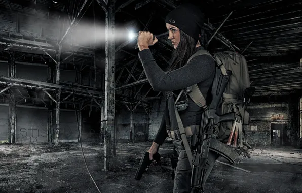 Picture girl, face, weapons, ray, machine, flashlight, the ruins, satchel