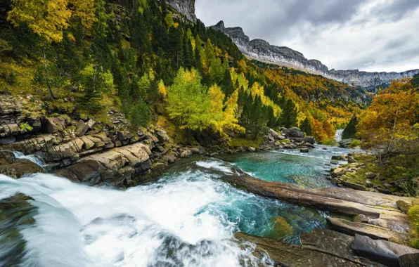 Picture autumn, landscape, mountains, nature, waterfall, Spain, cascade, forest