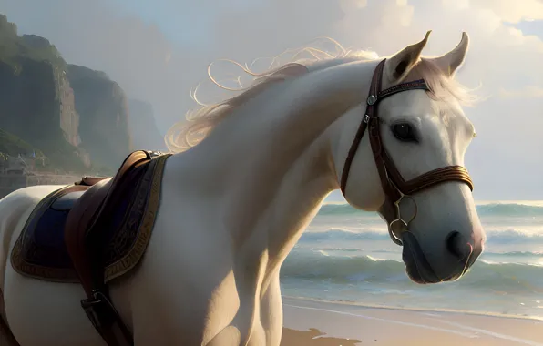 Sea, white, face, rocks, horse, horse, graphics, art