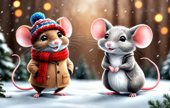 Winter, forest, light, snow, lights, mouse, scarf, mouse