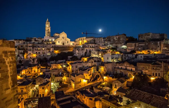 Italy, moonlight, Matera, Basilicata