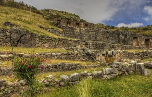 Picture the sky, grass, wall, ruins, Peru