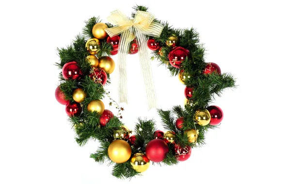 Balls, decoration, branches, bow, needles, wreath