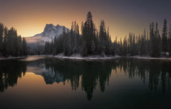 Winter, frost, forest, the sky, light, snow, mountains, lake