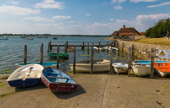The sky, the sun, clouds, river, shore, boat, England, pier