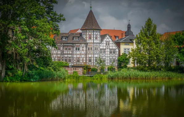 Picture trees, house, river, the building, Germany, Germany, Thuringia, Thuringia