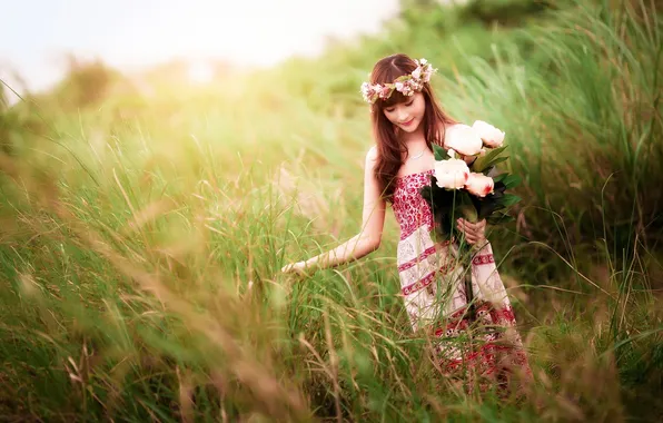 Girl, flowers, Asian