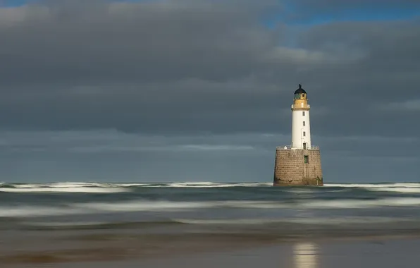 Sea, wave, the sky, clouds, lighthouse