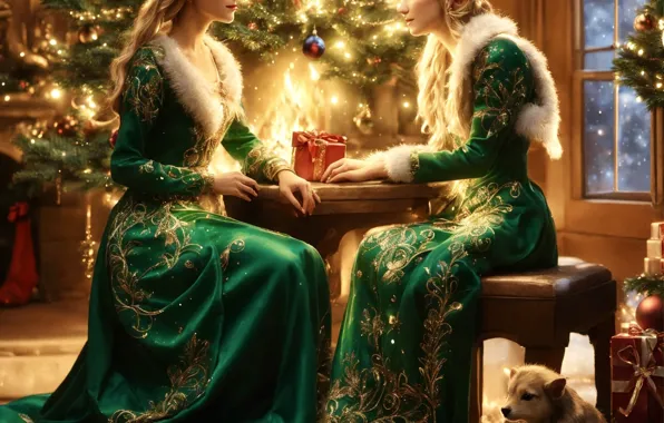 Girl, girls, holiday, gift, dog, fantasy, Christmas, New year