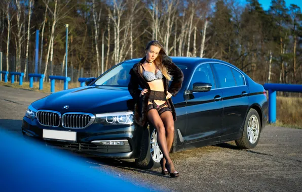 BMW, Erotic, beautiful girl, posing on the car, black car