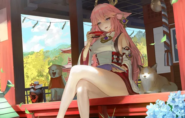 Spring, book, drink, priestess, kitsune, Genshin Impact, Yae Miko, Yae Miko (Genshin Impact)