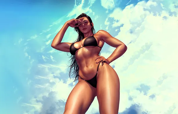 Swimsuit, the sky, girl, clouds, brunette, AI art