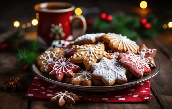 Snowflakes, lights, table, cookies, plate, Christmas, mug, New year