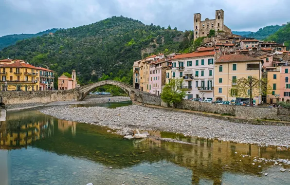 Forest, clouds, trees, mountains, bridge, stones, rocks, home