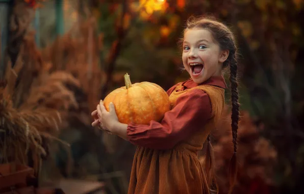Picture joy, mood, girl, pumpkin, braids, Lyubov Pyatovskaya
