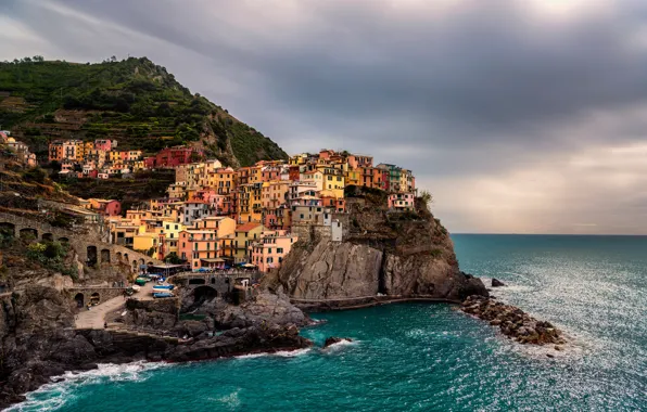 Sea, the city, Italy, Manarola