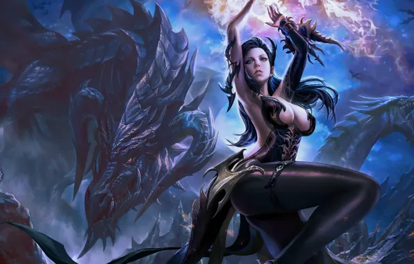 Girl, magic, magic, horns, legend, mythical creatures, the sky is on fire, toothy mouth