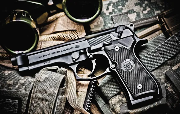 Gun, binoculars, Beretta M9, ammunition equipment, bokeh wallpaper, caliber 9x19 mm Parabellum, semi-automatic Beretta M9