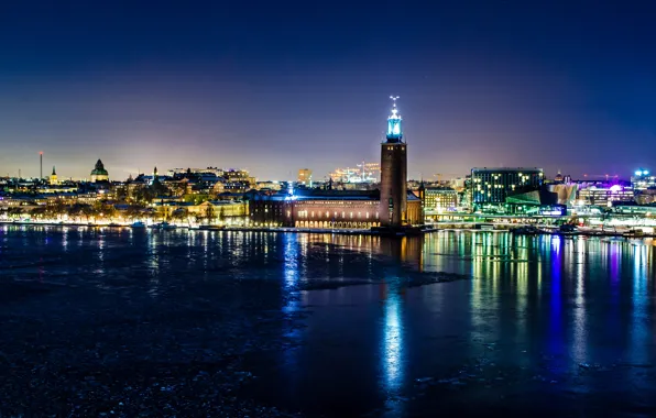 Winter, night, lights, reflection, Stockholm, Sweden, town hall